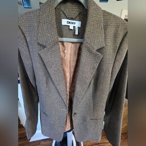 DKNY Checkered Blazer in Brown With Metallic Thread